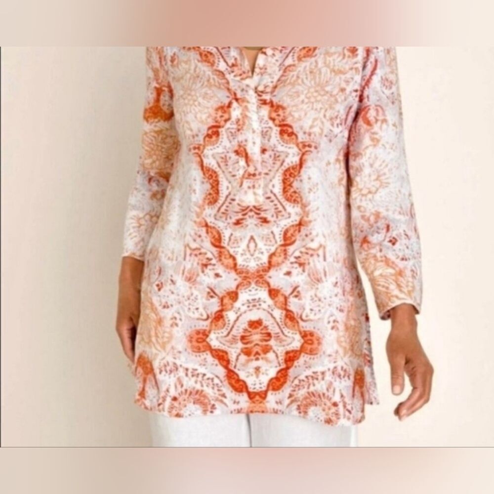 Chico's 1/M Orange White Paisley Print 100% LINEN 3/4 Slv 1/2 Button Women's Top